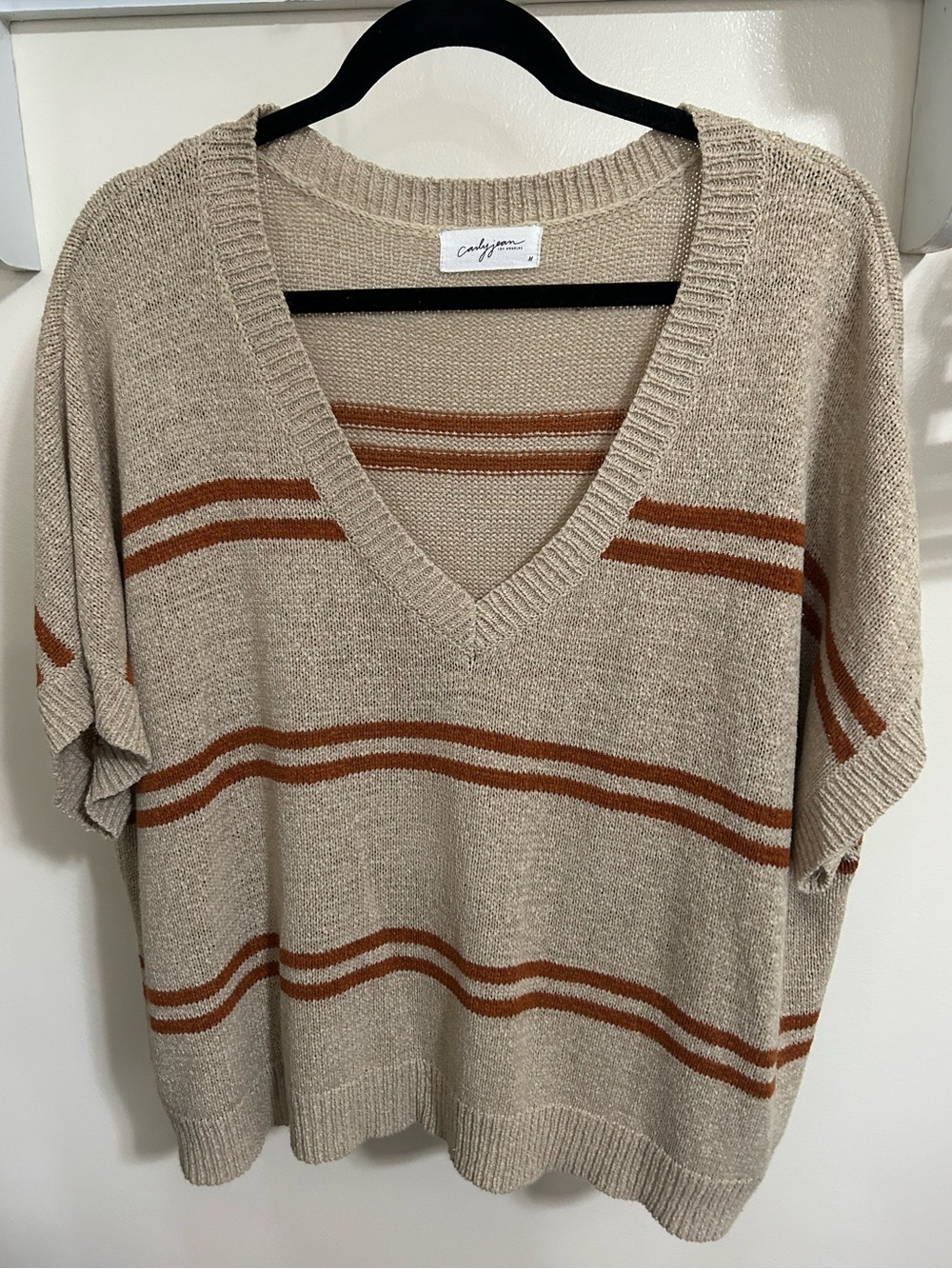 Carly Jean Los Angeles Tan Knit V-Neck Sweater with Rust Stripes